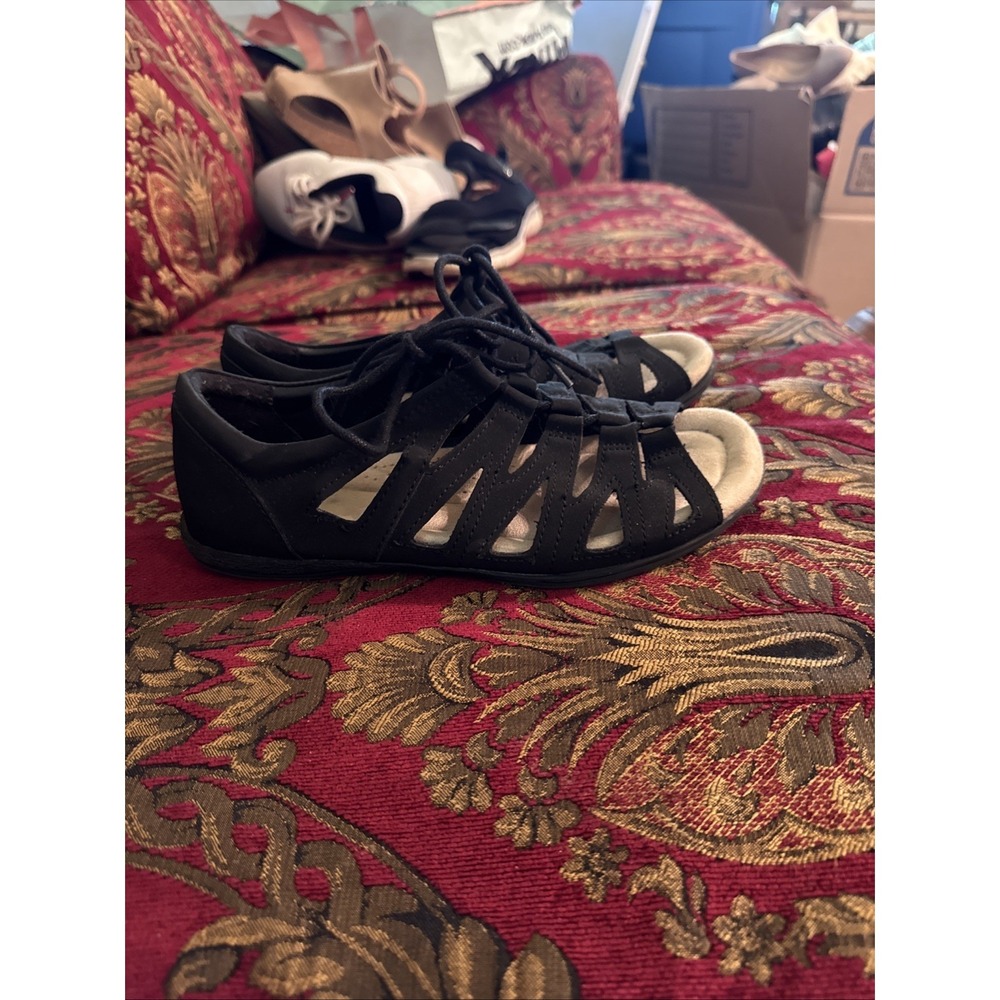 Earth Spirit Sandals Womens 7 Gigi Open Toe Fisherman Flats Black Leather